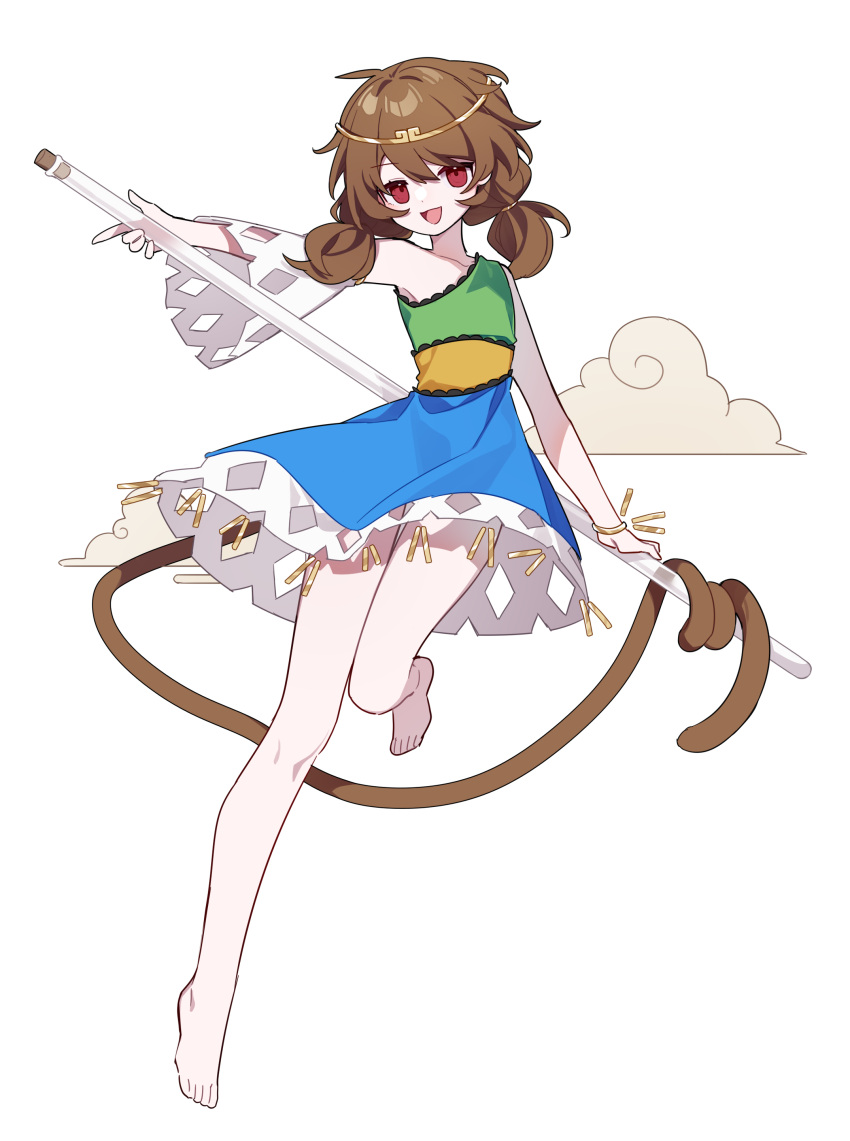 1girl, :d, absurdres, bare_shoulders, barefoot, bing_zizi, blue_dress, bracelet
