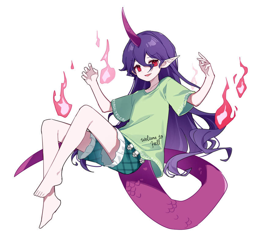 1girl, arms_up, barefoot, bing_zizi, clothes_writing, commentary_request, fire, frilled_shorts