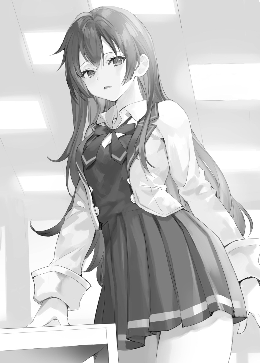1girl, absurdres, blazer, bow, bowtie, breasts, buttons, ceiling