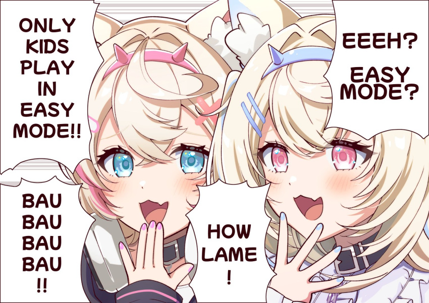 2girls, animal_collar, animal_ear_fluff, animal_ears, bandaid_hair_ornament, black_collar, blonde_hair, blue_eyes, blue_hair, blue_hairband, breasts, collar, crossed_bangs, dog_ears, dog_girl, double-parted_bangs, fake_horns, fang, fuwawa_abyssgard, hair_between_eyes, hair_intakes, hair_ornament, hairband, hairclip, hololive, hololive_english, horns, kimoi_girls_(meme), large_breasts, long_hair, meme, mococo_abyssgard, multicolored_hair, multiple_girls, open_mouth, pink_eyes, pink_hair, pink_hairband, short_hair, siblings, sisters, skin_fang, streaked_hair, torinokawori, twins, two_side_up, virtual_youtuber, x_hair_ornament