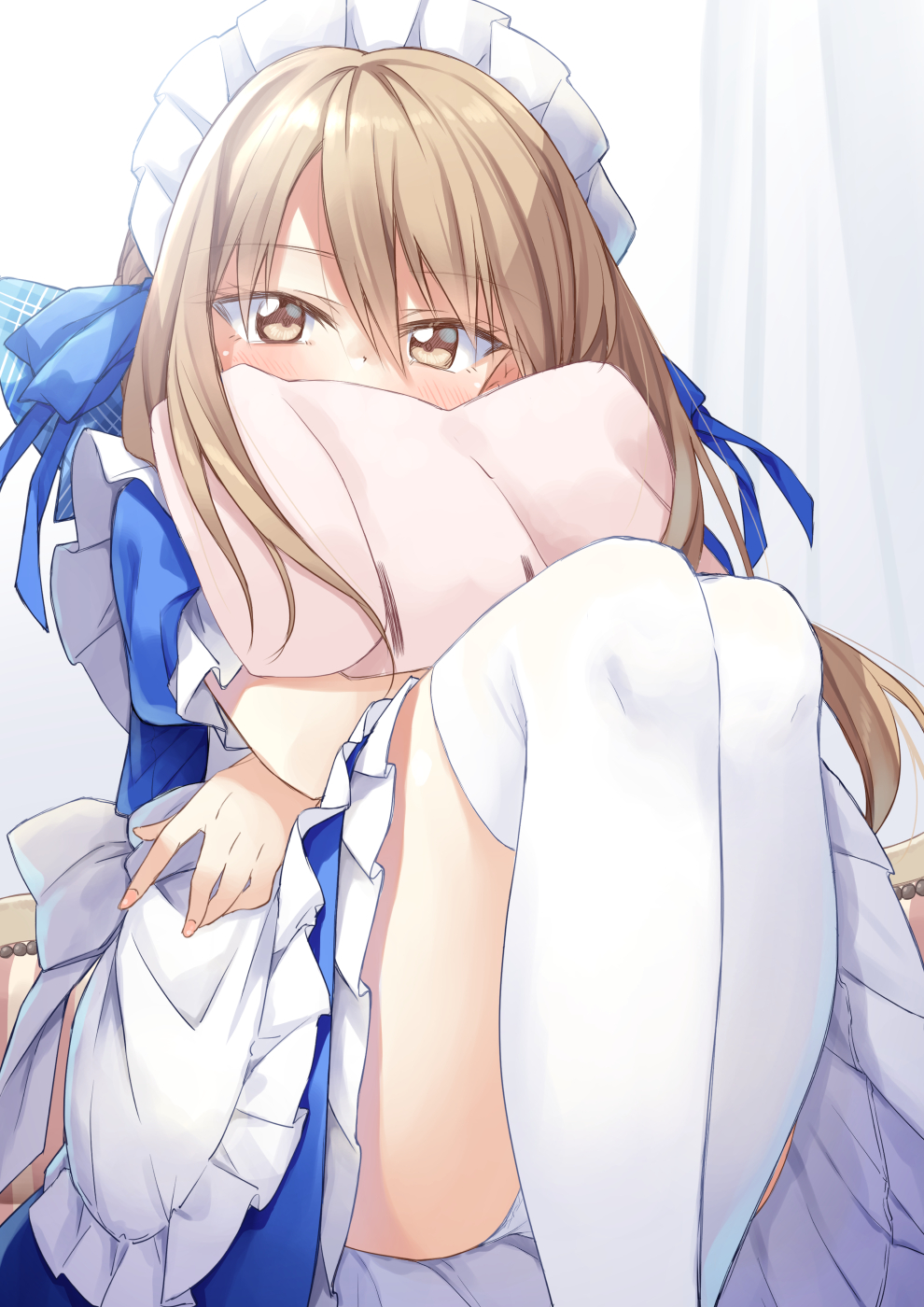 1girl, apron, blue_dress, blue_ribbon, blush, brown_eyes, brown_hair, dress