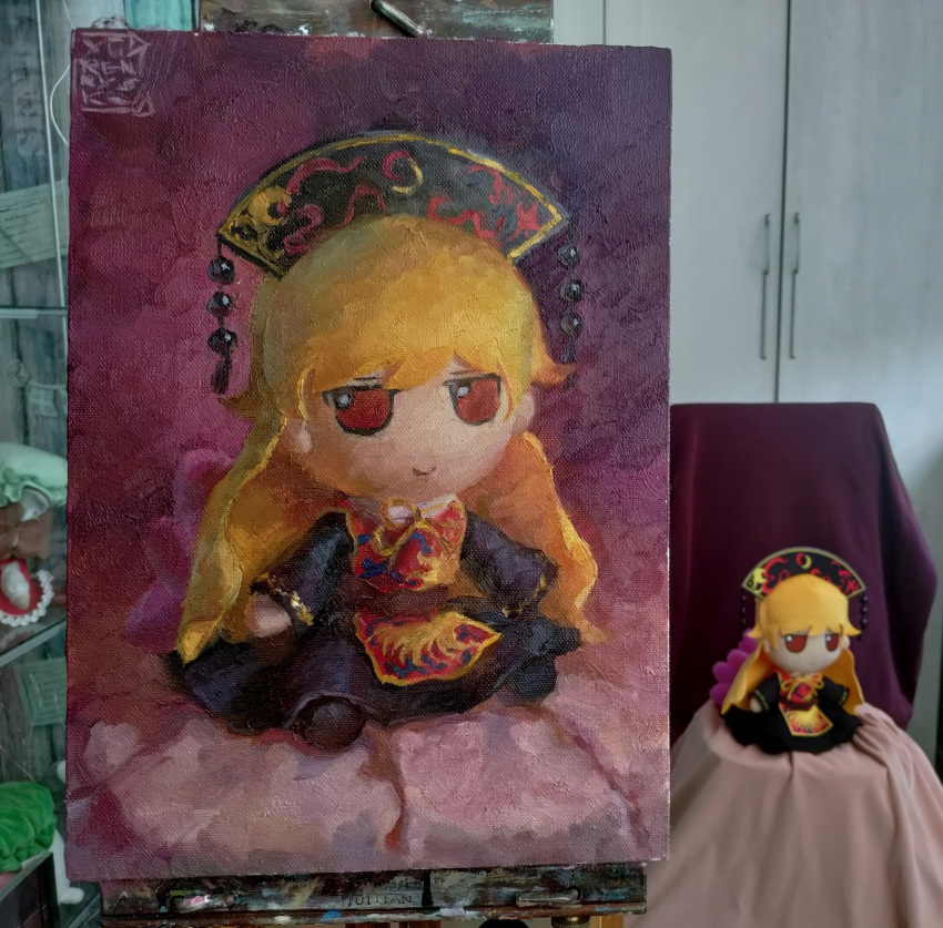 2girls, absurdres, black_dress, black_footwear, black_headwear, blonde_hair, brown_hair, character_doll