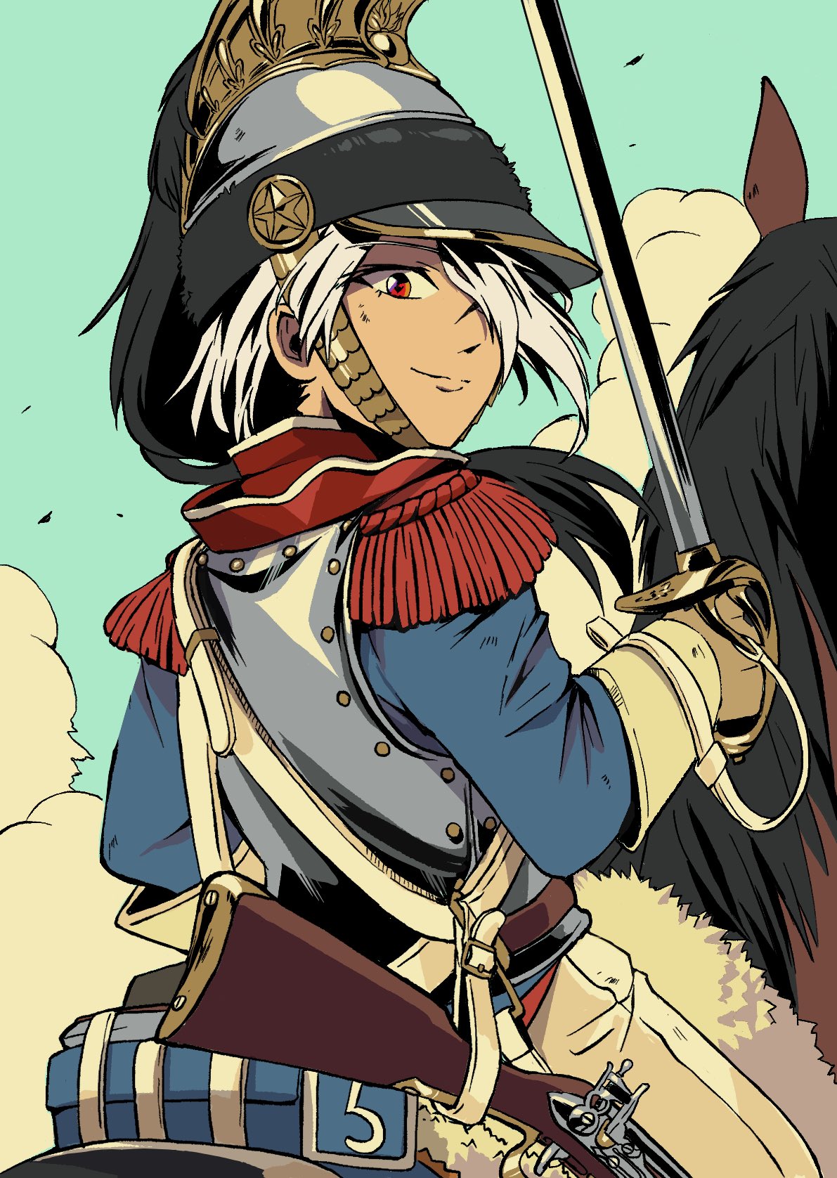 1girl, antique_firearm, blue_eyes, blue_jacket, blue_sky, brown_hair, brown_horse, cavalry