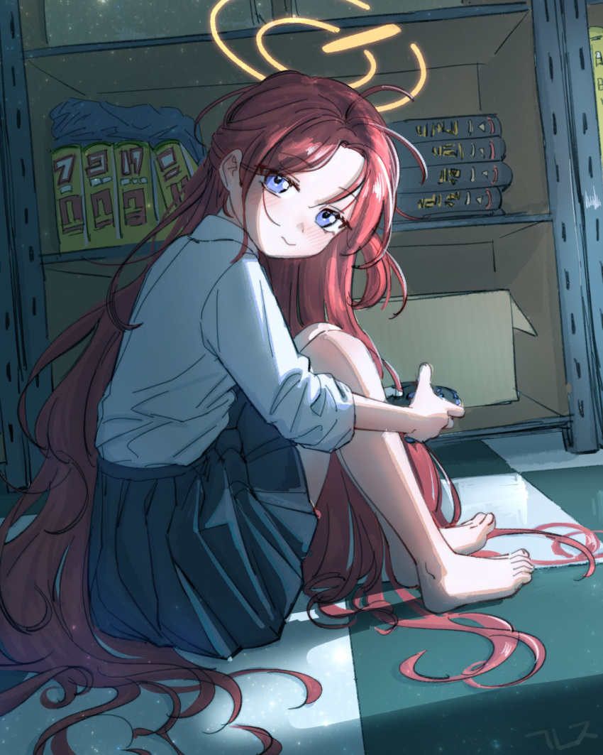 1girl, antenna_hair, bare_legs, barefoot, black_skirt, blue_archive, blush, checkered_floor