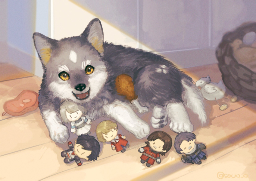 1girl, 4boys, ambrosia_(ff16), animal, beard_stubble, black_hair, blonde_hair, brothers, brown_hair, byron_rosfield, clive_rosfield, dog, dress, elwin_rosfield, father_and_son, final_fantasy, final_fantasy_xvi, gloves, grey_hair, grey_wolf, highres, jill_warrick, joshua_rosfield, looking_at_viewer, lying, multiple_boys, on_side, puppy, red_gloves, red_robe, robe, siblings, soul_(tamashii), torgal_(ff16), uncle_and_nephew, white_dress, wolf, wooden_floor, yellow_eyes
