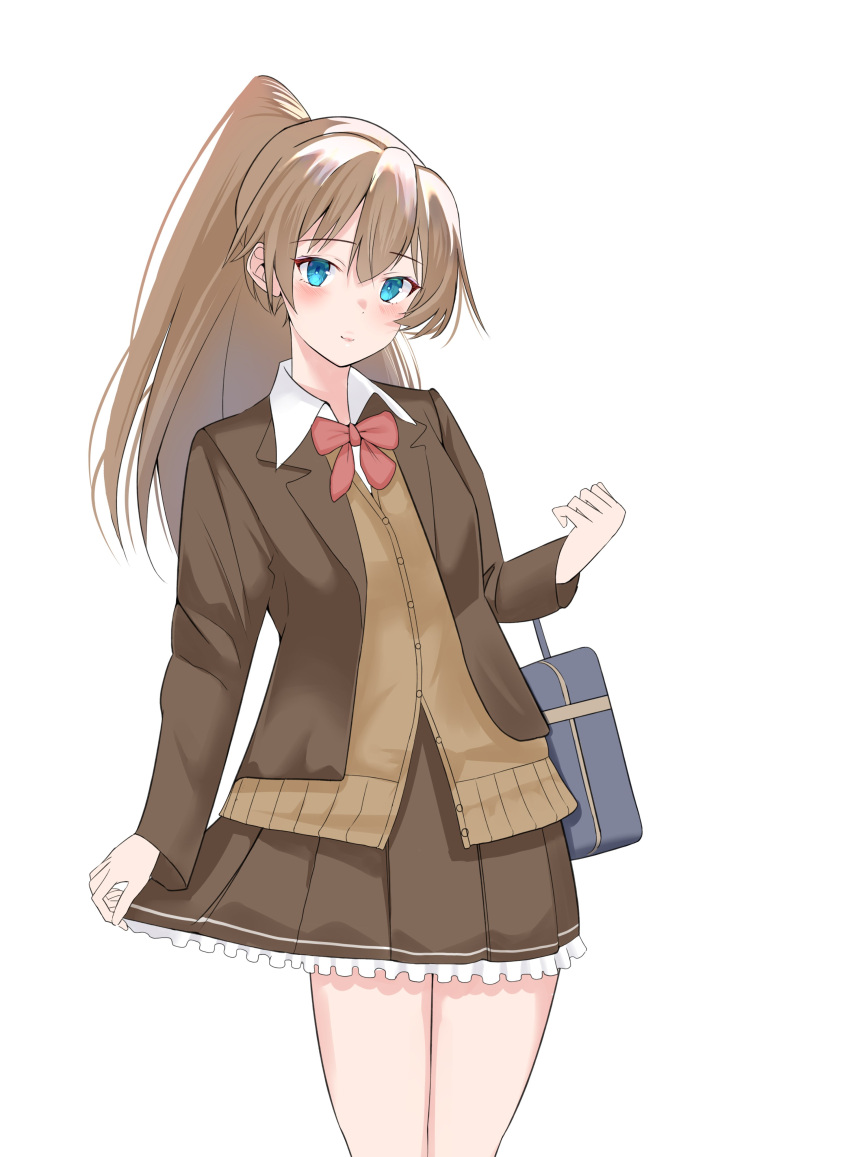 1girl, absurdres, bag, blazer, blue_eyes, bow, bowtie, brown_cardigan