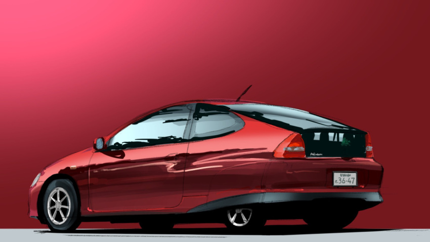 car, highres, hikageno, honda, honda_insight, license_plate, motor_vehicle, no_humans, original, radio_antenna, red_background, shadow, vehicle_focus