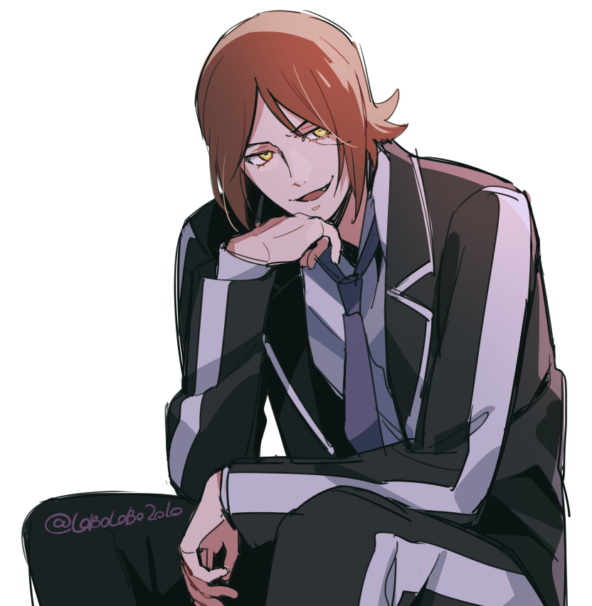 1boy, brown_hair, evil_smile, fang, head_rest, jacket, looking_to_the_side, loose_necktie