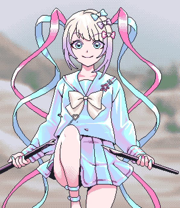 blue_bow, blue_eyes, bow, breaking, chouzetsusaikawa_tenshi-chan, collarbone, dithering, eencya