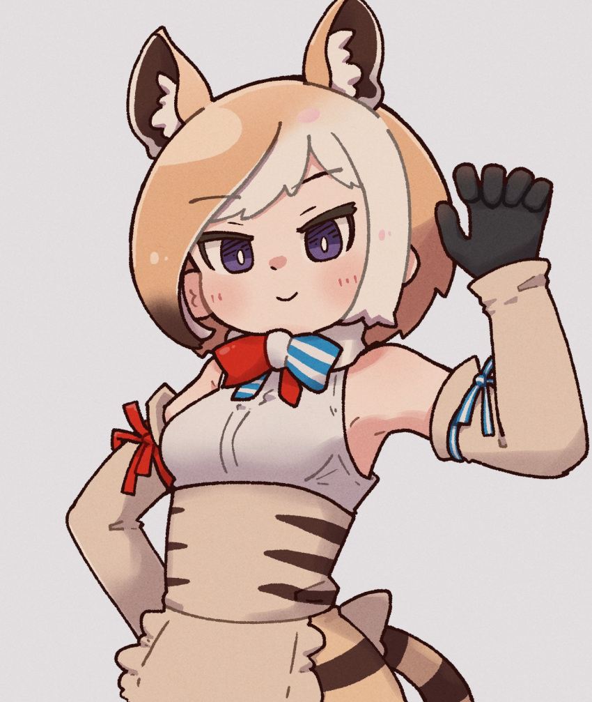 1girl, animal_ears, apron, back_bow, bare_shoulders, black_gloves, blue_bow, blue_bowtie, blush, bow, bowtie, brown_apron, brown_sleeves, commentary_request, cowboy_shot, detached_sleeves, extra_ears, frilled_apron, frills, gloves, highres, kemono_friends, light_brown_hair, multicolored_hair, red_bow, red_bowtie, shirt, skirt, sleeveless, smile, solo, sorairo_meronpan, striped, striped_bow, striped_bowtie, striped_skirt, tail, tasmanian_tiger_(kemono_friends), two-tone_bowtie, two-tone_hair, violet_eyes, white_bow, white_bowtie, white_hair, white_shirt