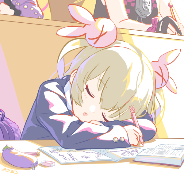 >_<, 1girl, black_jacket, blonde_hair, blush, book, closed_eyes, commentary_request