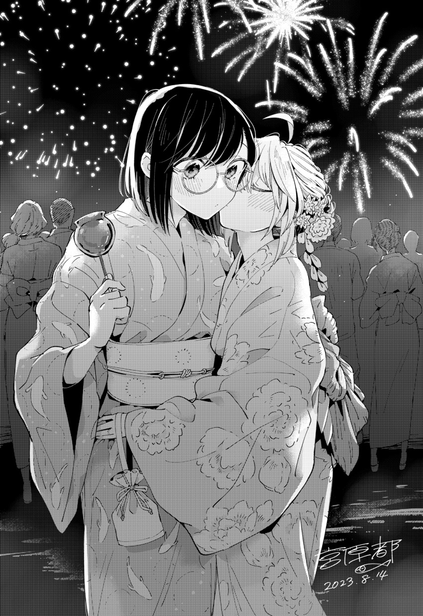 artist_name, blush, candy, chiyo_kozuka, closed_eyes, dated, fireworks, flower, food, glasses, greyscale, hair_flower, hair_ornament, highres, holding, holding_candy, holding_food, hug, ichido_dake_demo_koukai_shitemasu, japanese_clothes, kimono, kiss, kissing_cheek, miyahara_miyako, monochrome, obi, people, ritsuka_hara, sash, yukata, yuri