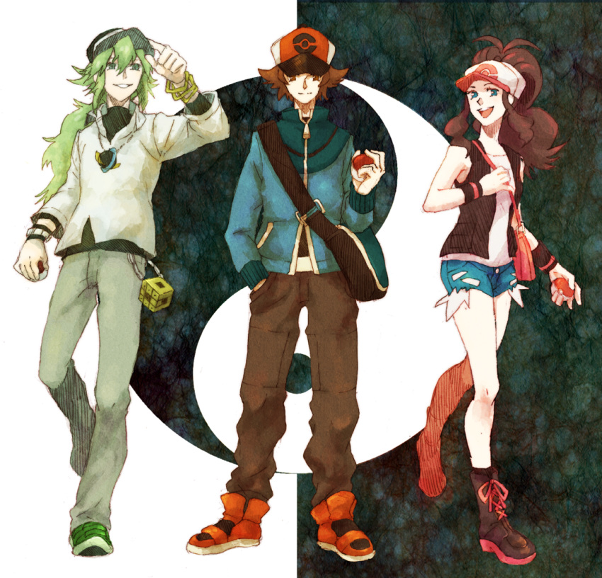 bag, baseball_cap, blue_eyes, boots, bracelet, brown_eyes, brown_hair, denim, denim_shorts, green_hair, hand_in_pocket, hat, hat_tip, highres, jacket, jewelry, messenger_bag, necklace, pants, poke_ball, pokemon, pokemon_(game), pokemon_black_and_white, pokemon_bw, ponytail, purse, rubix_cube, shoes, shorts, smile, smirk, sneakers, tank_top, touko_(pokemon), touya_(pokemon), vest, wristband, yin_yang, zinnkousai3850