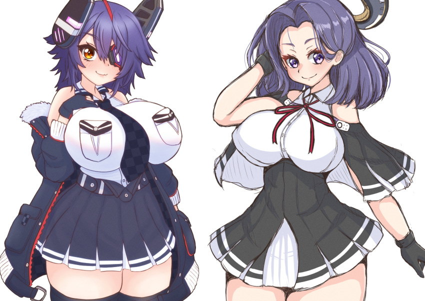 2girls, absurdres, black_capelet, black_gloves, black_jacket, black_skirt, blush, breast_pocket