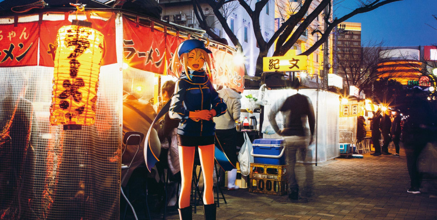 1girl, artoria_pendragon_(fate), baseball_cap, blonde_hair, blue_jacket, blue_scarf, bunbun, closed_eyes