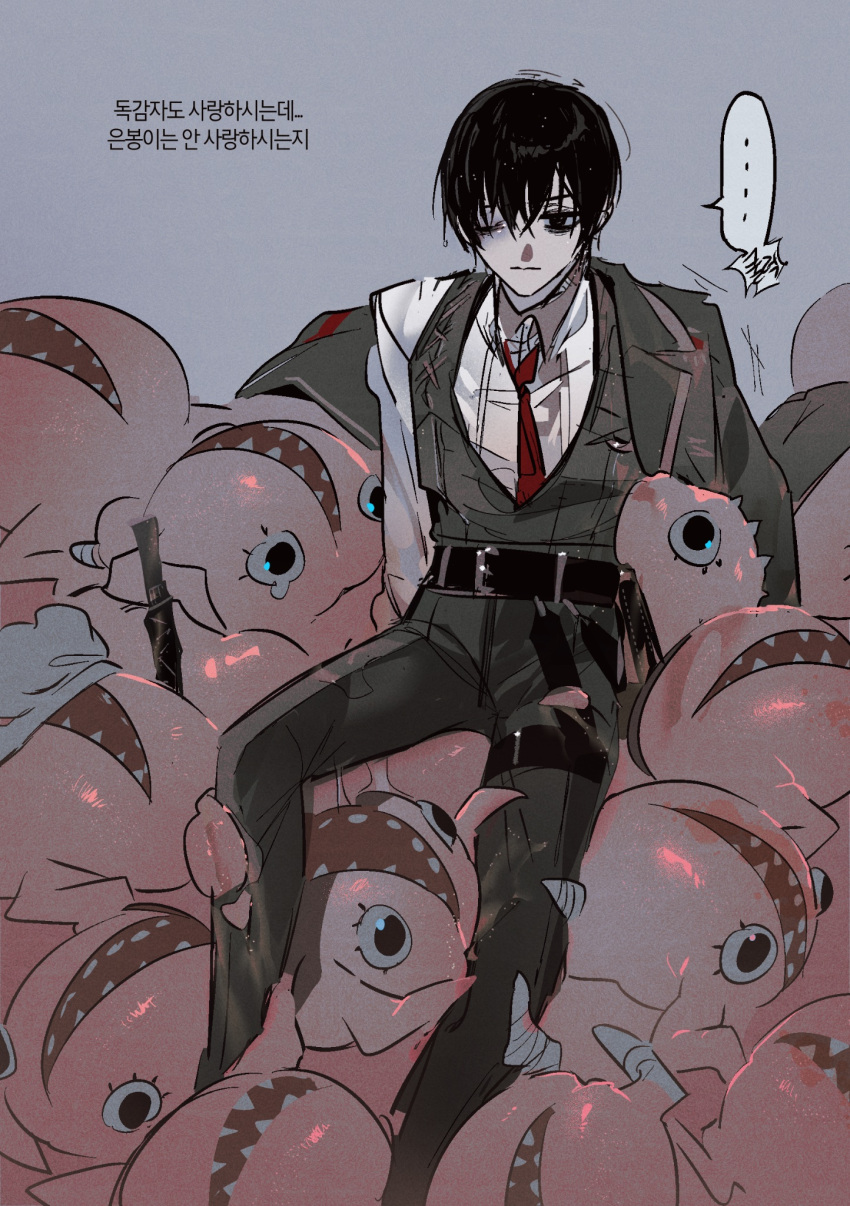 1boy, belt, black_belt, black_coat, black_eyes, black_hair, black_pants, black_vest