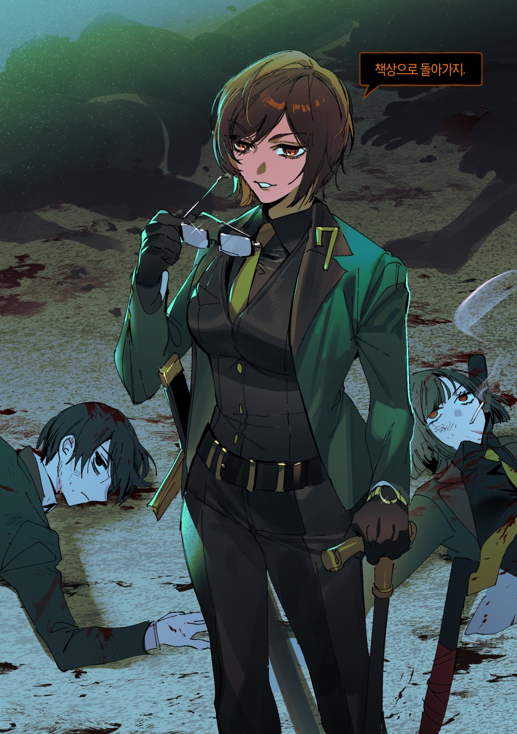 1boy, 2girls, black_eyes, black_gloves, black_hair, black_pants, black_vest, breasts, brown_shirt, cane, cigarette, collared_shirt, gapamopa, glasses, gloves, green_jacket, highres, jacket, korean_text, limbus_company, lying, medium_breasts, multiple_girls, necktie, on_back, outis_(limbus_company), pants, project_moon, red_eyes, removing_eyewear, ryoshu_(limbus_company), shirt, translation_request, vest, watch, yellow_necktie, yi-sang_(limbus_company)