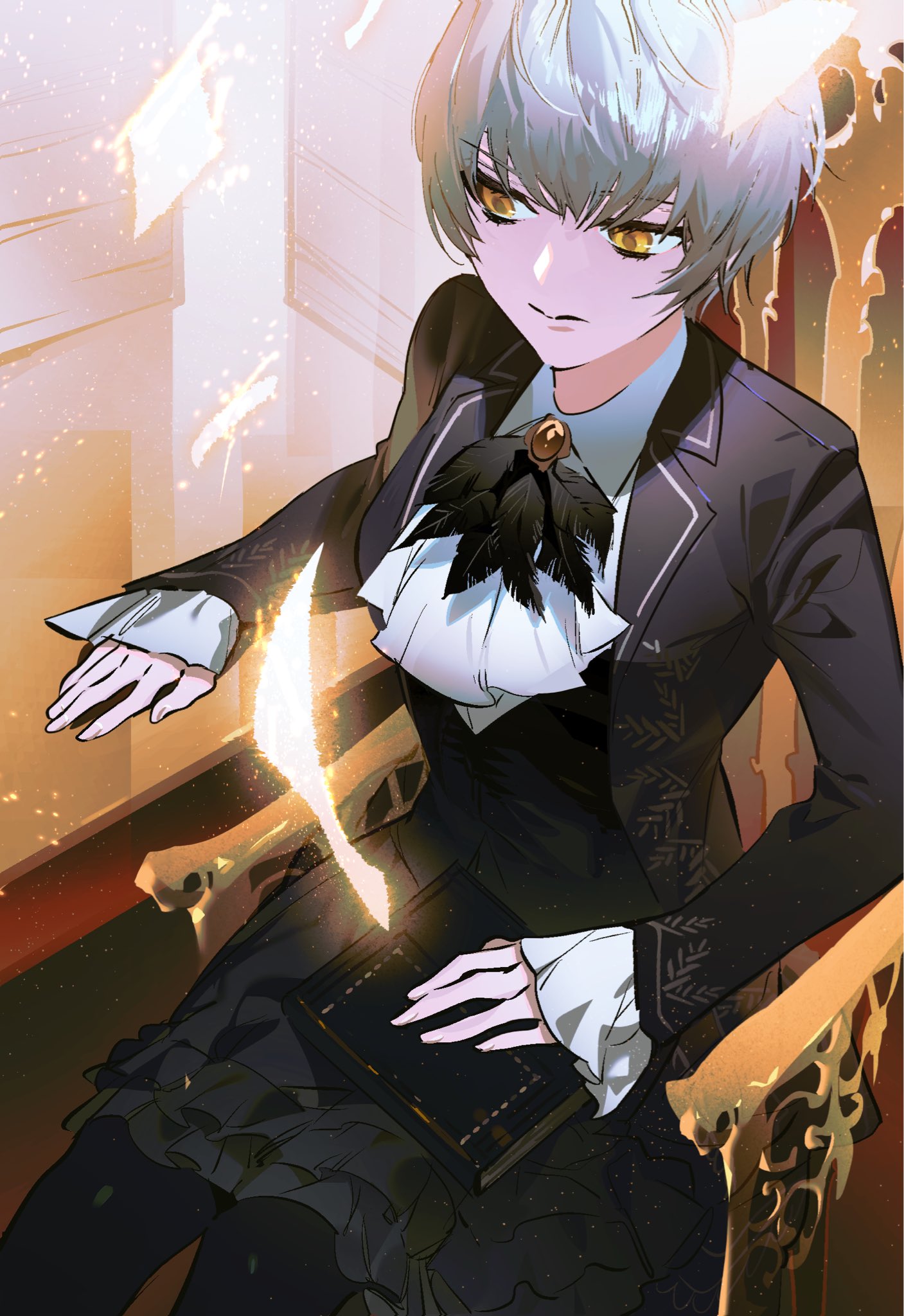 1girl, angela_(project_moon), ascot, black_pantyhose, black_skirt, black_vest, blue_coat, blue_hair