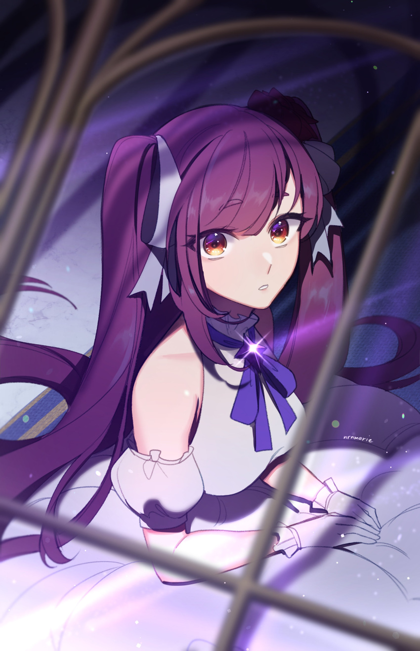 1girl, absurdres, blue_hair, detached_sleeves, dress, gloves, gradient_eyes, halterneck