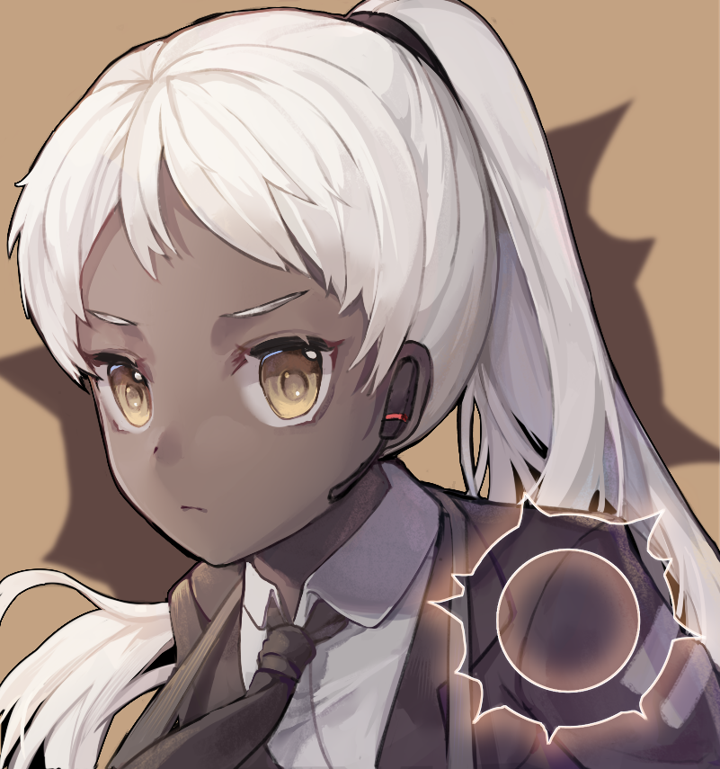 1girl, black_jacket, black_necktie, collared_shirt, dark-skinned_female, dark_skin, earpiece, hongcai_rainbow, jacket, library_of_ruina, long_hair, microphone, necktie, portrait, project_moon, shirt, solo, tamaki_(library_of_ruina), very_long_hair, white_shirt, yellow_eyes