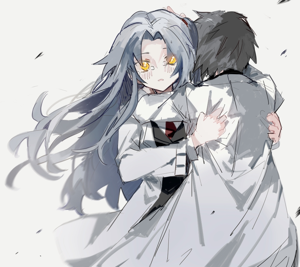 1boy, 1girl, angela_(project_moon), ayin_(project_moon), black_hair, black_vest, blue_hair, coat