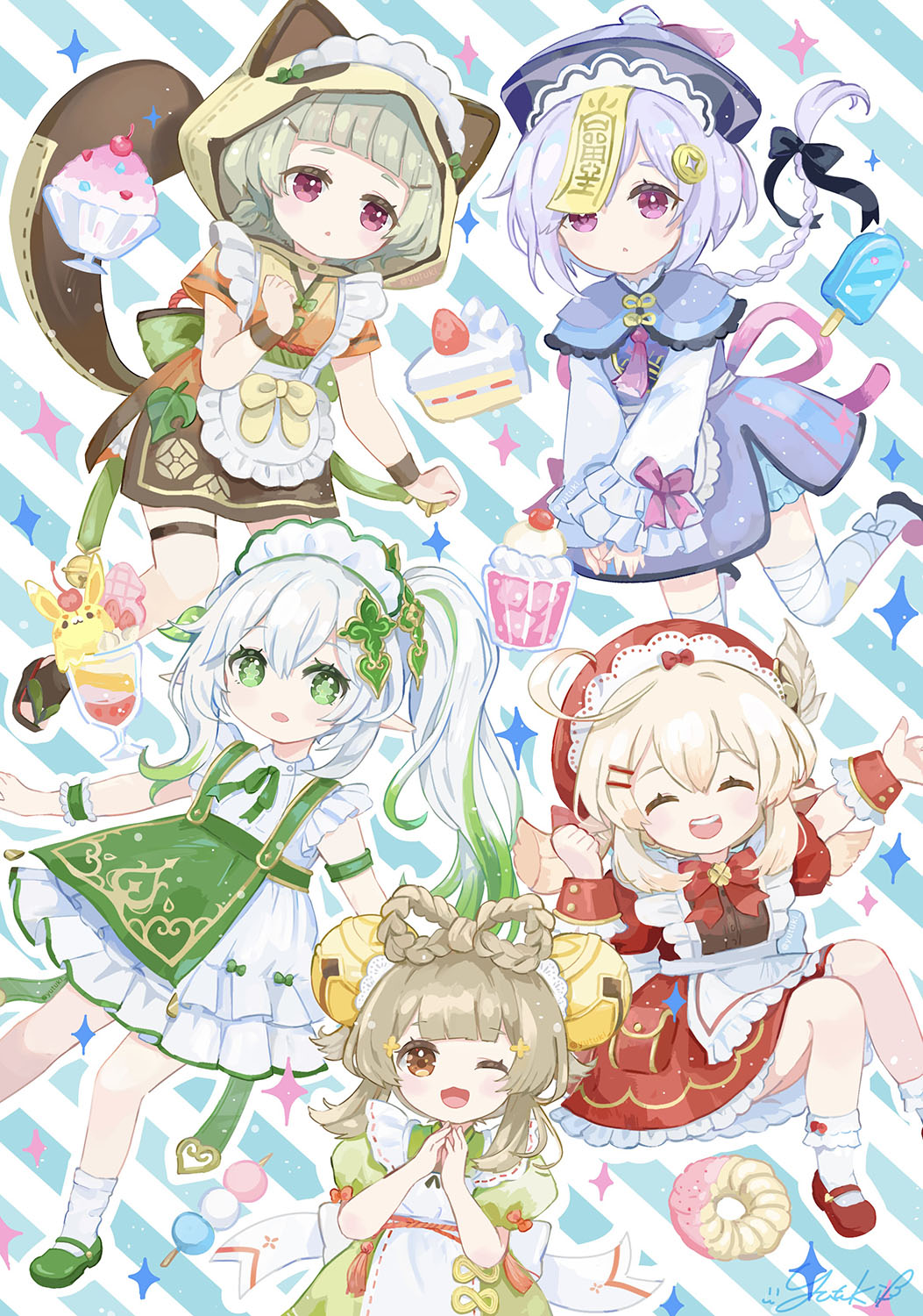 5girls, ;d, ^_^, ahoge, alternate_costume, animal_ears, apron, bell