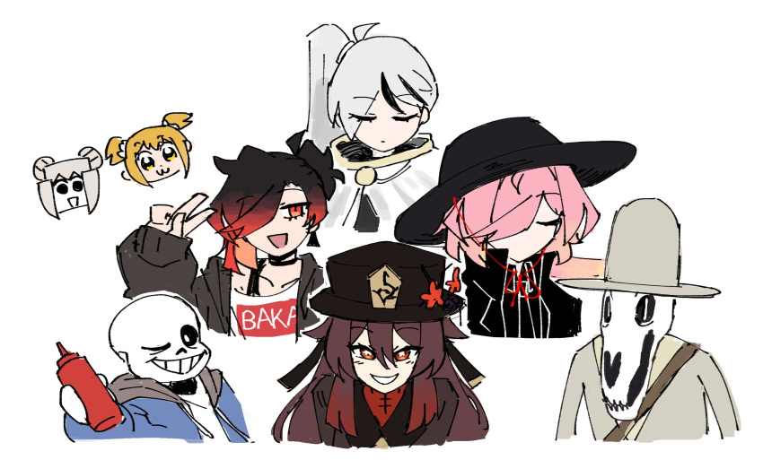 2girls, 6+boys, atlas_(atlaszoidac), atlaszoidac, black_hair, black_headwear, brown_hair, brown_headwear