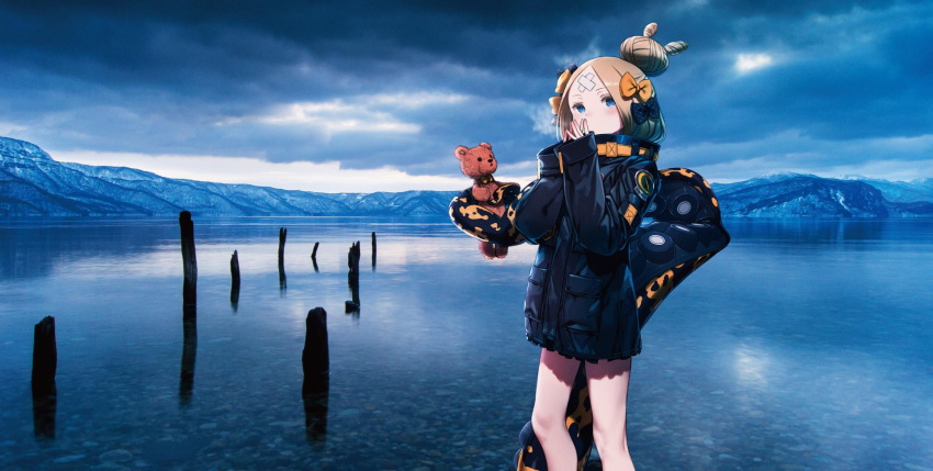 1girl, abigail_williams_(fate), abigail_williams_(traveling_outfit)_(fate), aomori_prefecture, bandaid, bandaid_on_face, bandaid_on_forehead, black_bow