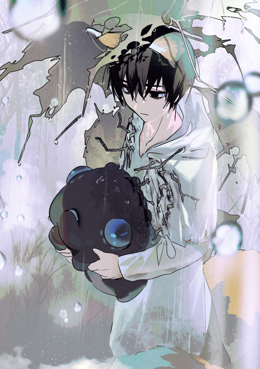 1boy, animal, animal_ears, black_eyes, black_hair, blubbering_toad_(limbus_company), closed_mouth, coat, e.g.o_(project_moon), fox_boy, fox_ears, fox_tail, gapamopa, highres, holding, holding_animal, hood, hood_down, hooded_coat, limbus_company, male_focus, project_moon, rain, solo, tail, umbrella, white_coat, white_raincoat, yi-sang_(limbus_company)