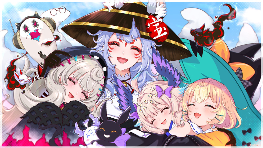 ahoge, aloupeep_(enna_alouette), closed_eyes, enna_alouette, enna_alouette_(1st_costume), ethyria, extra_ears, eyeshadow, facial_mark, forehead_mark, fox_girl, grey_hair, group_hug, head_wings, highres, hug, long_hair, low_twintails, lucie_(millie_parfait), makeup, millie_parfait, millie_parfait_(1st_costume), mugimugigo, nijisanji, nijisanji_en, nina_kosaka, nina_kosaka_(1st_costume), poppi_(reimu_endou), purple_wings, red_eyeshadow, reimu_endou, reimu_endou_(1st_costume), twintails, virtual_youtuber, wings