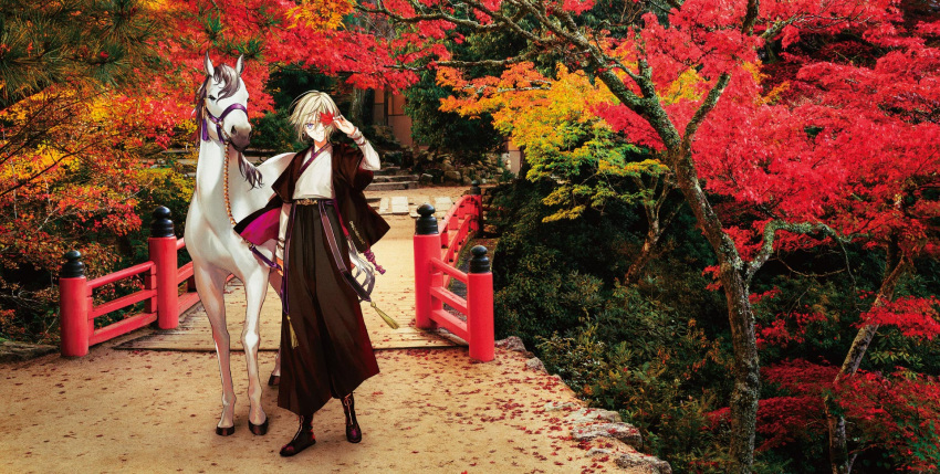 1boy, autumn, autumn_leaves, blue_eyes, bridge, chinese_clothes, expressionless, fate/grand_order