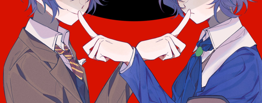 2boys, ascot, blue_ascot, blue_coat, blue_hair, brown_coat, brown_necktie, chesed_(project_moon)