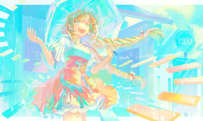 1girl, bio_l_oid, blue_eyes, blue_hair, blue_umbrella, braid, brown_hair, dazbee