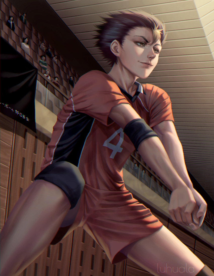 1boy, artist_name, blonde_hair, brown_eyes, elbow_pads, haikyuu!!, hair_slicked_back, highres, indoors, karasuno_volleyball_uniform, knee_pads, luhuala, male_focus, multicolored_hair, nishinoya_yuu, orange_shorts, short_sleeves, shorts, single_elbow_pad, solo_focus, sportswear, two-tone_hair
