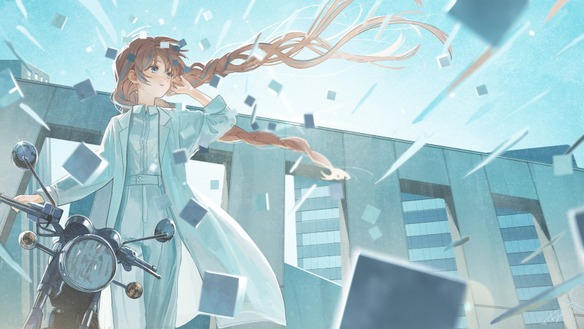 1girl, aky_ami, blue_eyes, blue_hair, blue_jacket, braid, cube, dazbee
