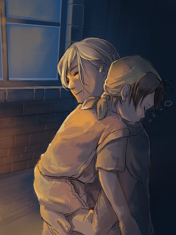 2boys, aged_down, bandana, black_hair, blonde_hair, closed_eyes, closed_mouth, gensou_suikoden, gensou_suikoden_i, gremio_(suikoden), male_focus, multiple_boys, scar, scar_on_cheek, scar_on_face, short_hair, sleeping, tir_mcdohl, window
