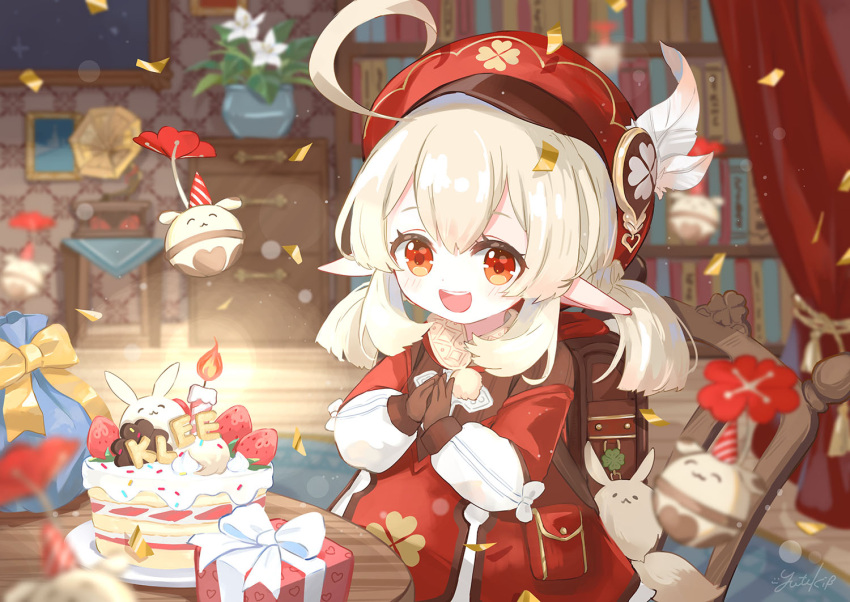 1girl, :d, ahoge, backpack, bag, bag_charm, birthday_cake, birthday_party
