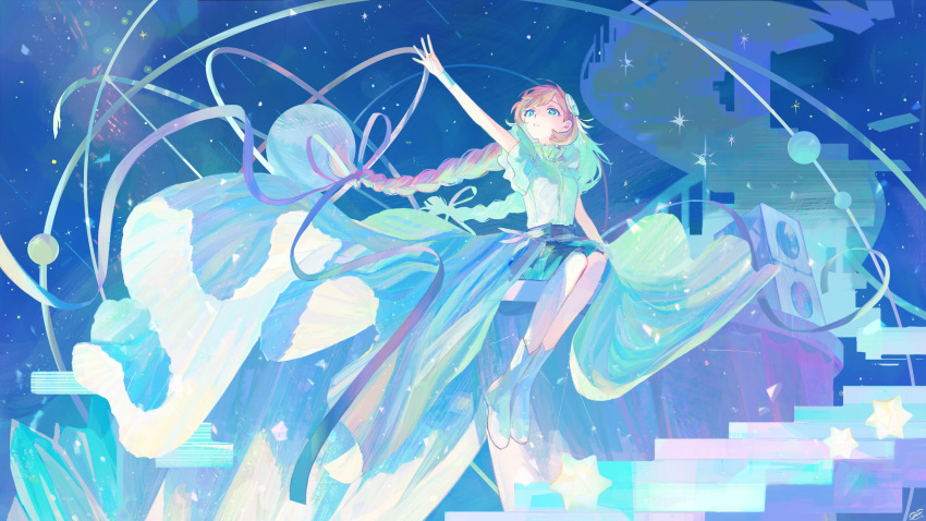 1girl, absurdres, bio_l_oid, blue_eyes, blue_ribbon, blue_skirt, braid, brown_hair