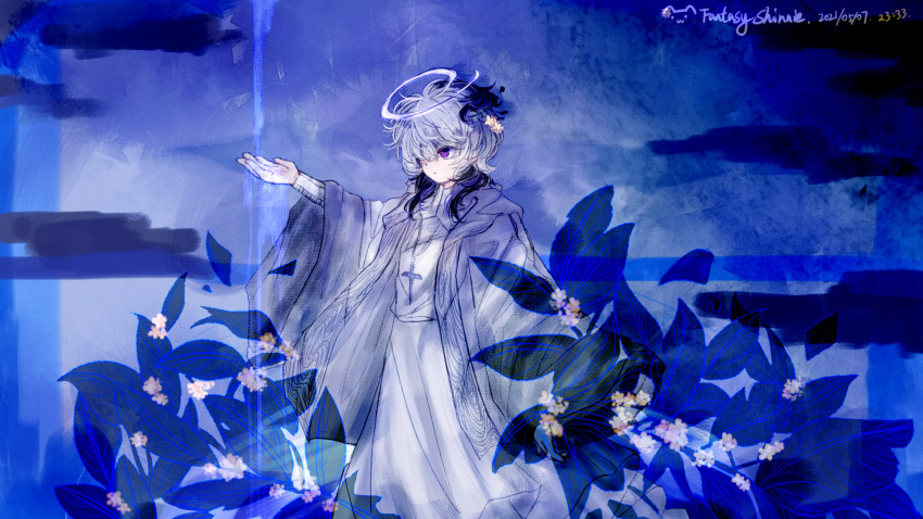 1girl, abstract_background, ahoge, alternate_costume, black_hair, blue_background, chinese_commentary, closed_mouth