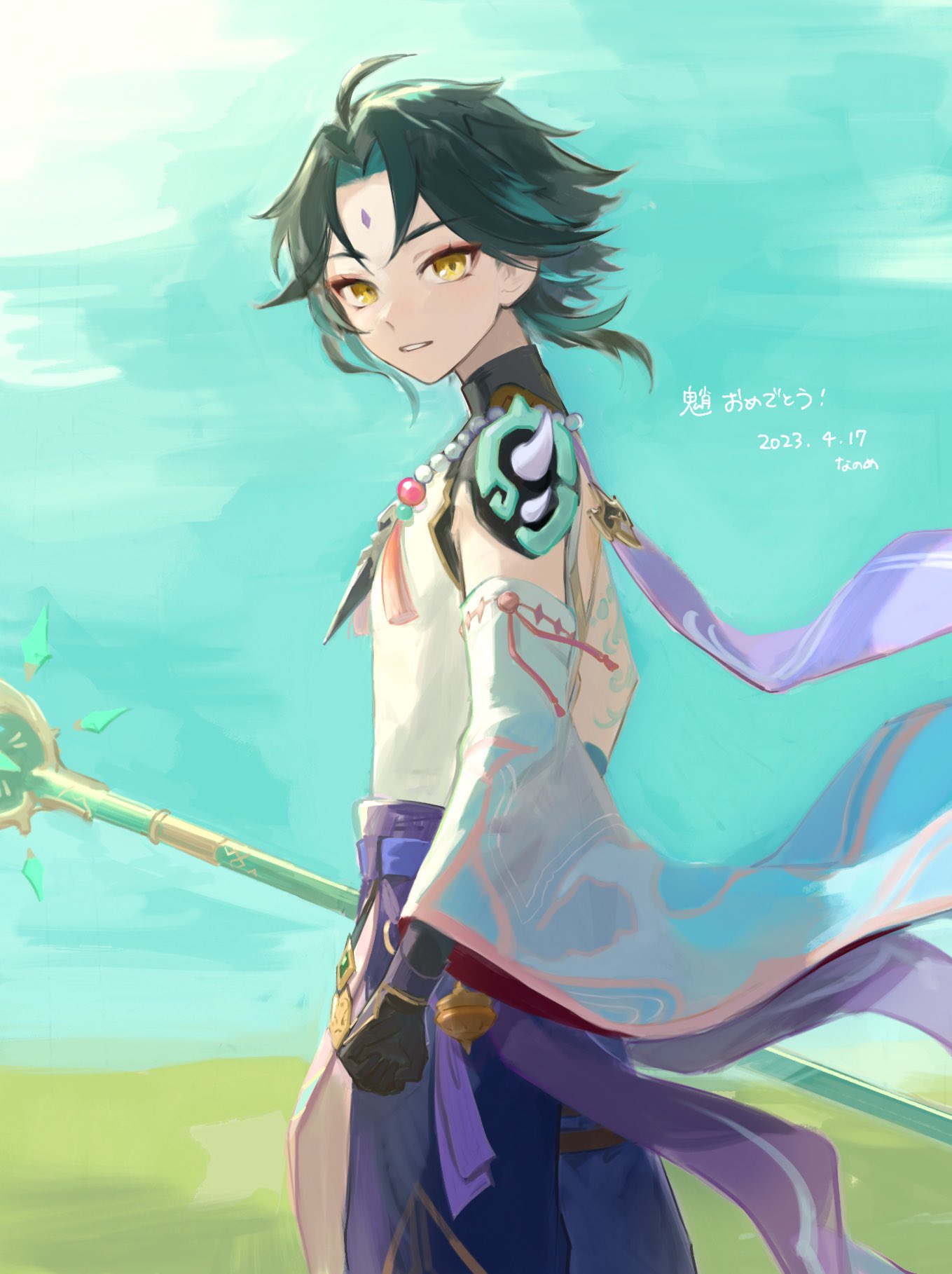 1boy, armor, bead_necklace, beads, black_gloves, blue_pants, dated, detached_sleeves
