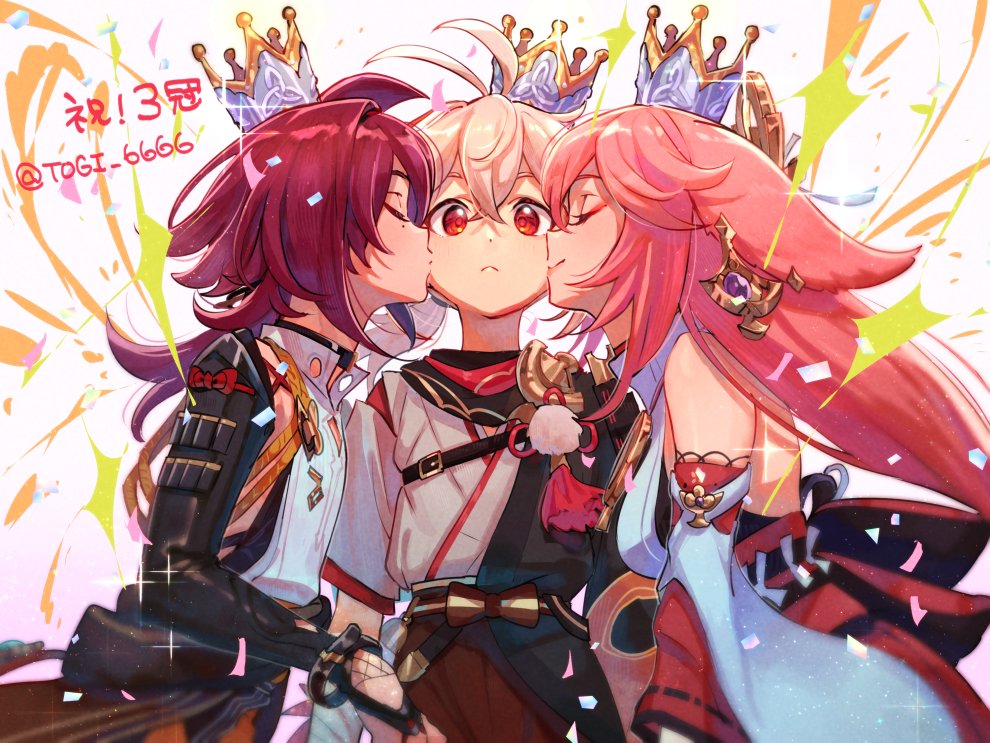 1girl, 2boys, animal_ears, armor, black_choker, boy_and_girl_sandwich, breasts, choker, closed_eyes, closed_mouth, crown, detached_sleeves, earrings, fox_ears, genshin_impact, grey_hair, hair_between_eyes, japanese_armor, japanese_clothes, jewelry, kaedehara_kazuha, kiss, kissing_cheek, long_hair, looking_at_viewer, makeup, medium_breasts, miko, mole, mole_under_eye, multicolored_hair, multiple_boys, pink_hair, ponytail, red_eyes, redhead, sandwiched, shikanoin_heizou, simple_background, sparkle, streaked_hair, tassel, togi9999, twitter_username, very_long_hair, wide_sleeves, yae_miko, yaoi