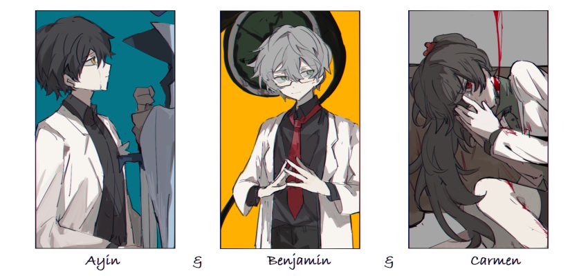 1girl, 2boys, ayin_(project_moon), benjamin_(project_moon), black_hair, black_shirt, blood, bloodbath_(project_moon)