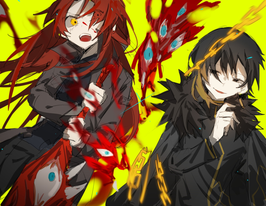 2girls, binah_(project_moon), black_cape, black_coat, black_dress, black_eyes, black_hair, black_pants