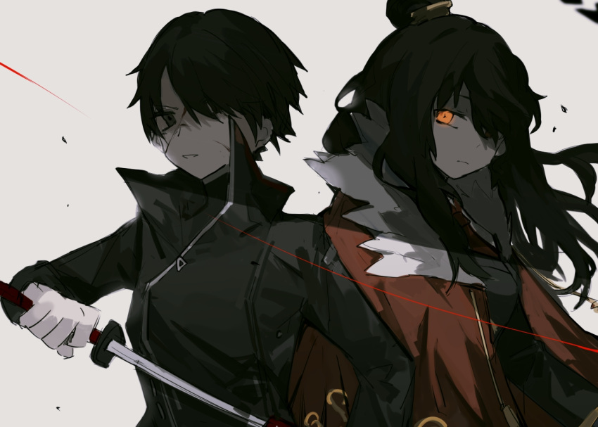 2girls, black_hair, black_jacket, black_sweater, closed_mouth, coat, gloves, hair_bun
