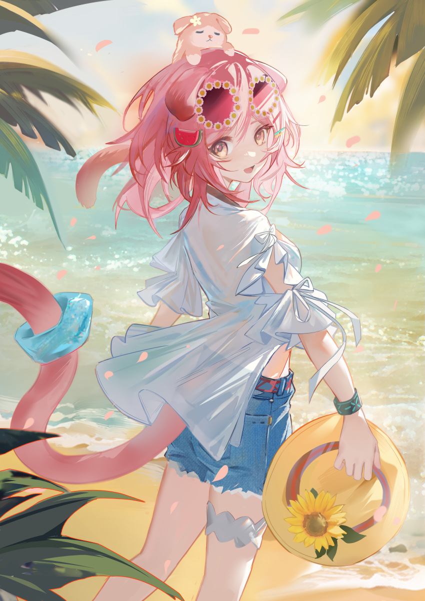 1girl, :d, absurdres, animal_ears, animal_on_head, arknights, arm_cutout, beach, cat, cat_ears, cat_girl, cat_on_head, cat_tail, closed_eyes, commentary_request, denim, denim_shorts, eyewear_on_head, falling_petals, feet_out_of_frame, floppy_ears, food, food-themed_hair_ornament, fruit, goldenglow_(arknights), goldenglow_(summer_flowers)_(arknights), hair_ornament, hat, headwear_removed, highres, holding, holding_clothes, holding_hat, infection_monitor_(arknights), juweibingbang, looking_at_viewer, looking_back, medium_hair, melon, melon_hair_ornament, melon_slice, ocean, official_alternate_costume, on_head, open_mouth, outdoors, palm_tree, petals, pink_cat, pink_eyes, pink_hair, scottish_fold, shirt, short_sleeves, shorts, smile, solo, sunglasses, tail, tree, water, white_shirt, yellow_headwear