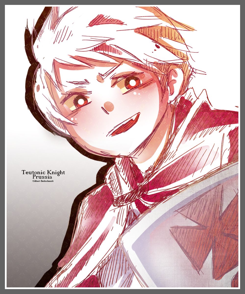 1boy, axis_powers_hetalia, blush, cape, english_text, highres, kiruiru, looking_at_viewer, open_mouth, pink_cape, pink_hair, prussia_(hetalia), red_eyes, sharp_teeth, shield, simple_background, smile, solo, teeth, teutonic_knight, tooth, white_cape, white_hair