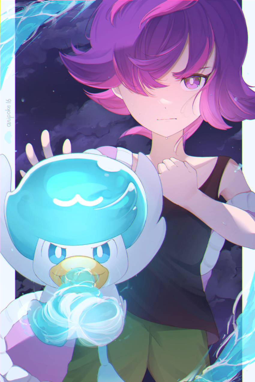 1girl, bird, black_shirt, blue_eyes, dot_(pokemon), duck, green_pants, hair_over_one_eye