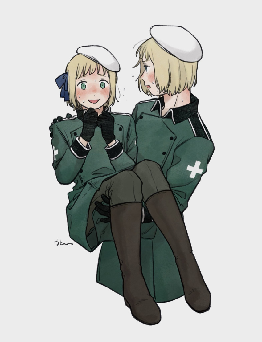 1boy, 1girl, axis_powers_hetalia, beret, black_gloves, blonde_hair, boots, carrying, cross, gloves, hair_ribbon, hat, highres, liechtenstein_(hetalia), mi_aph_to, military_uniform, pants, princess_carry, ribbon, short_hair, switzerland_(hetalia), uniform, white_headwear