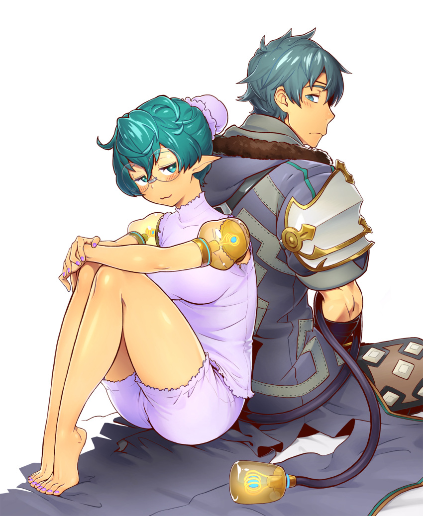 1boy, 1girl, :3, ahoge, back-to-back, barefoot, closed_mouth, coat