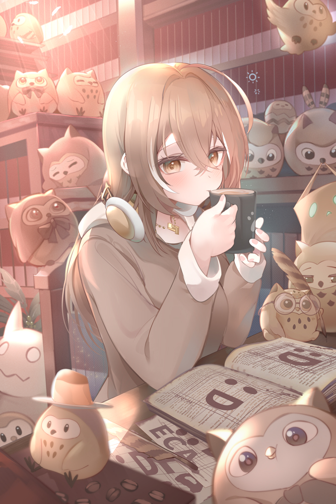 1girl, ahoge, brown_eyes, brown_hair, brown_hoodie, crossed_bangs, hair_ornament, headphones, headphones_around_neck, hololive, hololive_english, hood, hoodie, hooman_(nanashi_mumei), hootsie_(nanashi_mumei), jewelry, long_hair, looking_at_viewer, mujinbensin, multicolored_hair, nanashi_mumei, nanashi_mumei_(3rd_costume), necklace, official_alternate_costume, solo, streaked_hair, very_long_hair, virtual_youtuber